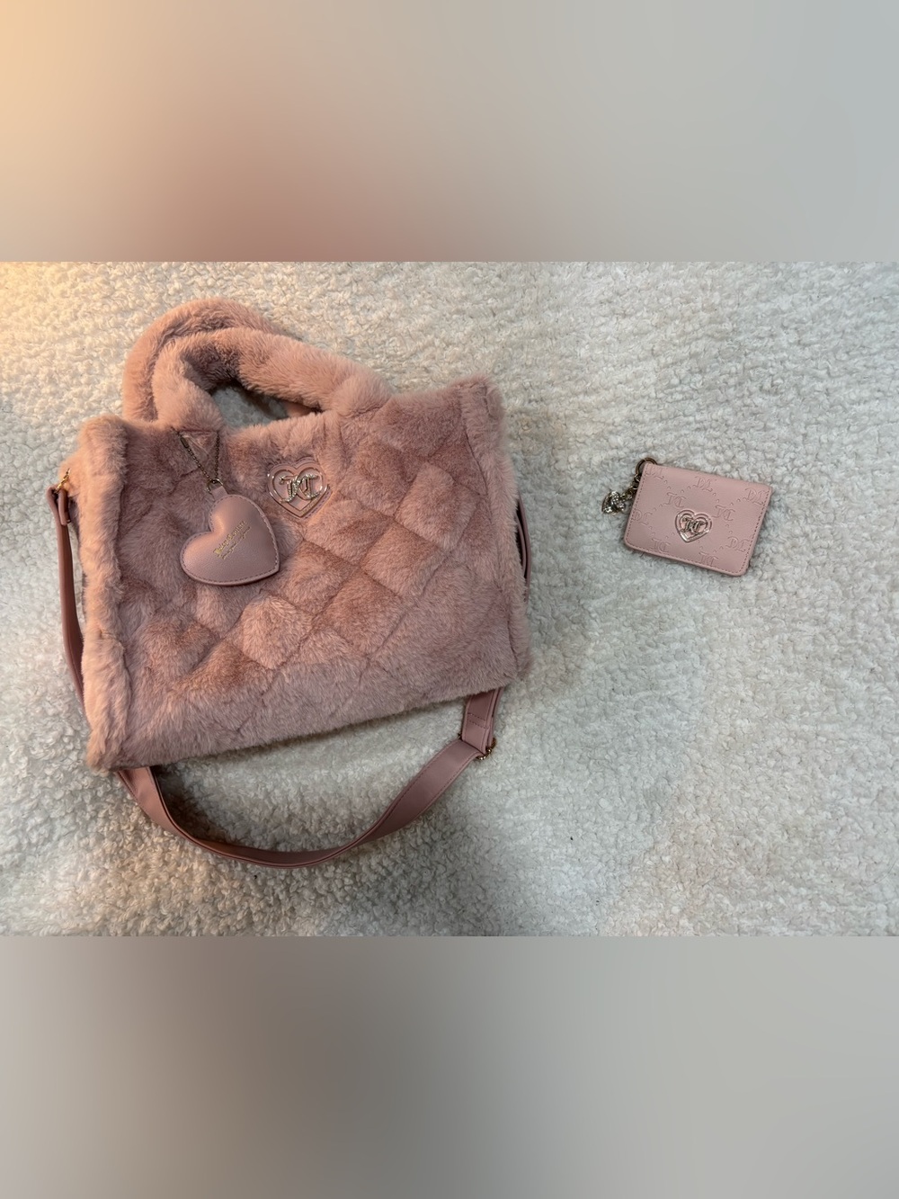 Juicy Couture Blush Pink Quilted Faux-Fur Tote with Heart Charm